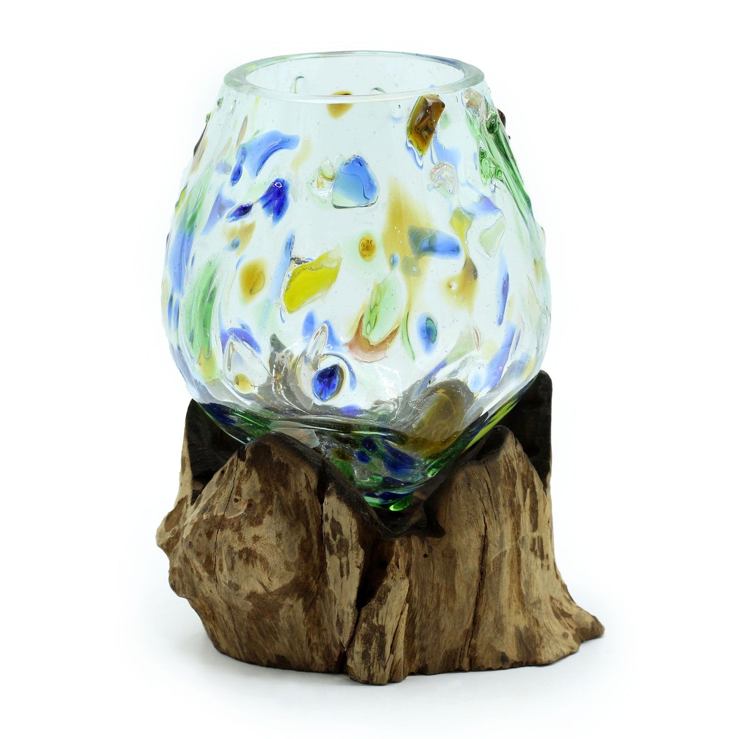 Decorative glass candle holder with a wooden base on a white background