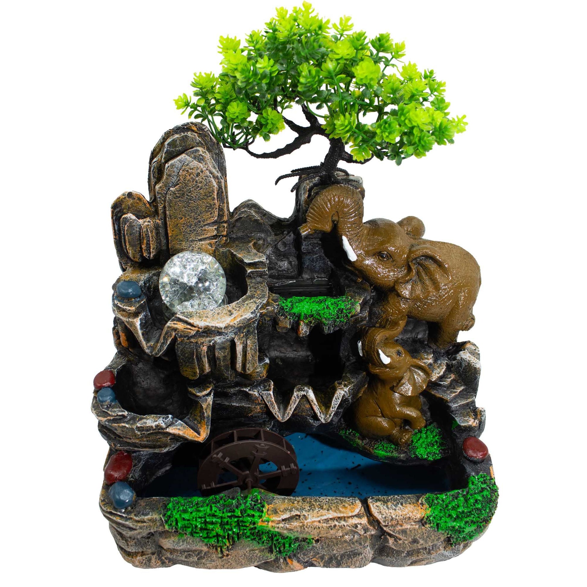Decorative aquarium scene with rocks, trees, and animals on a white background