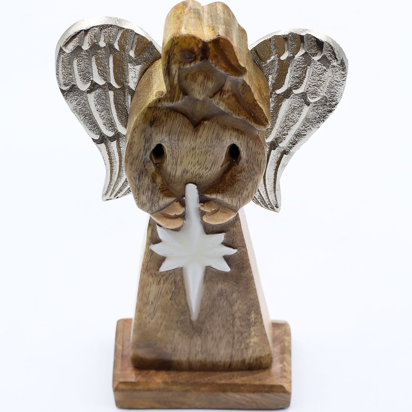 Wooden angel figurine with wings and a star on a white background
