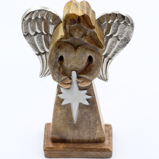 Wooden angel figurine with wings and a star on a white background
