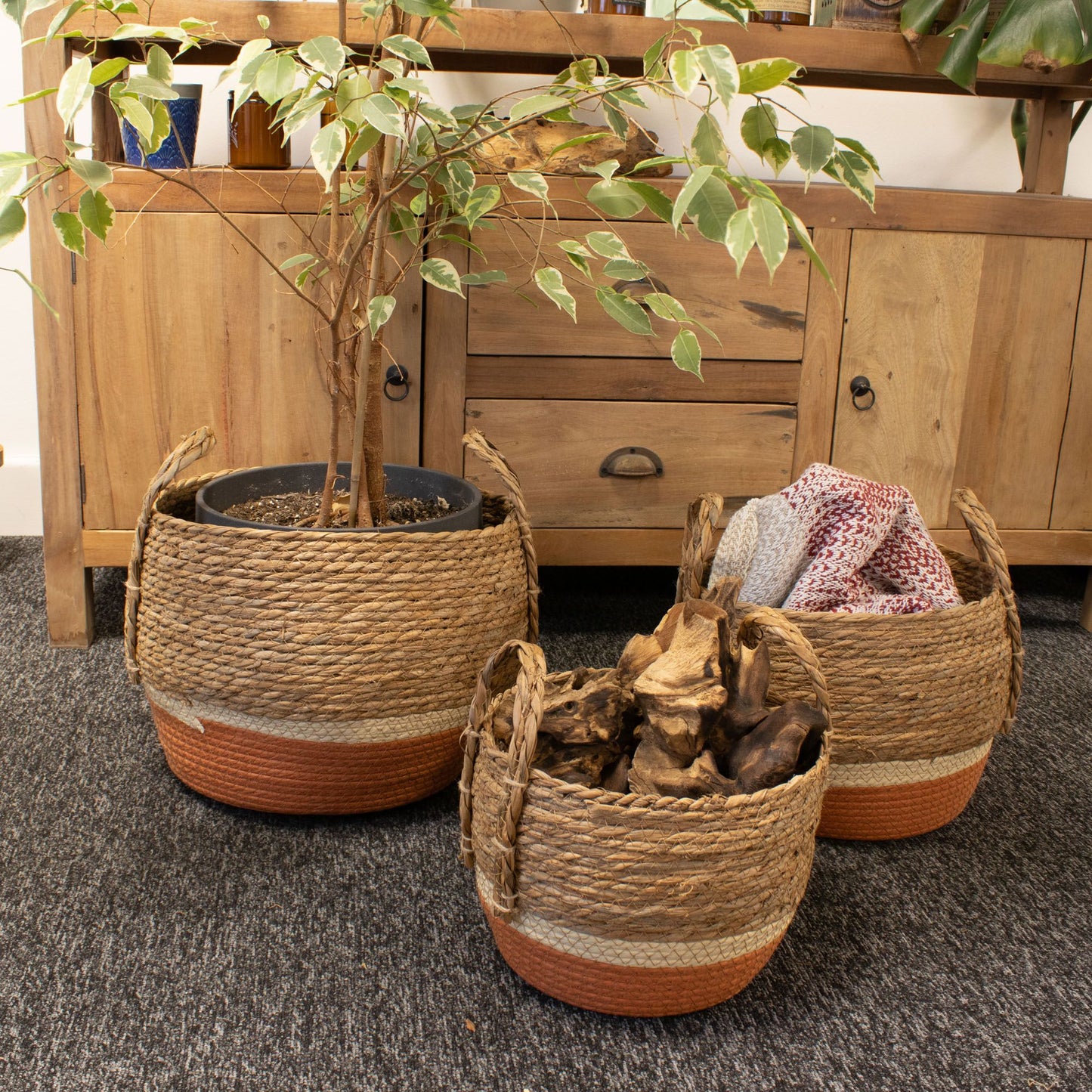 Straw & Seagrass Large Baskets - Natural & Orange- Set of 3
