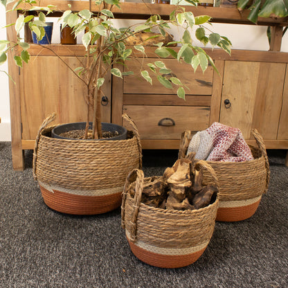 Straw & Seagrass Large Baskets - Natural & Orange- Set of 3