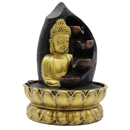 Decorative fountain with Buddha figure on a white background