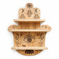 Wooden shelf with engraved symbols on a white background