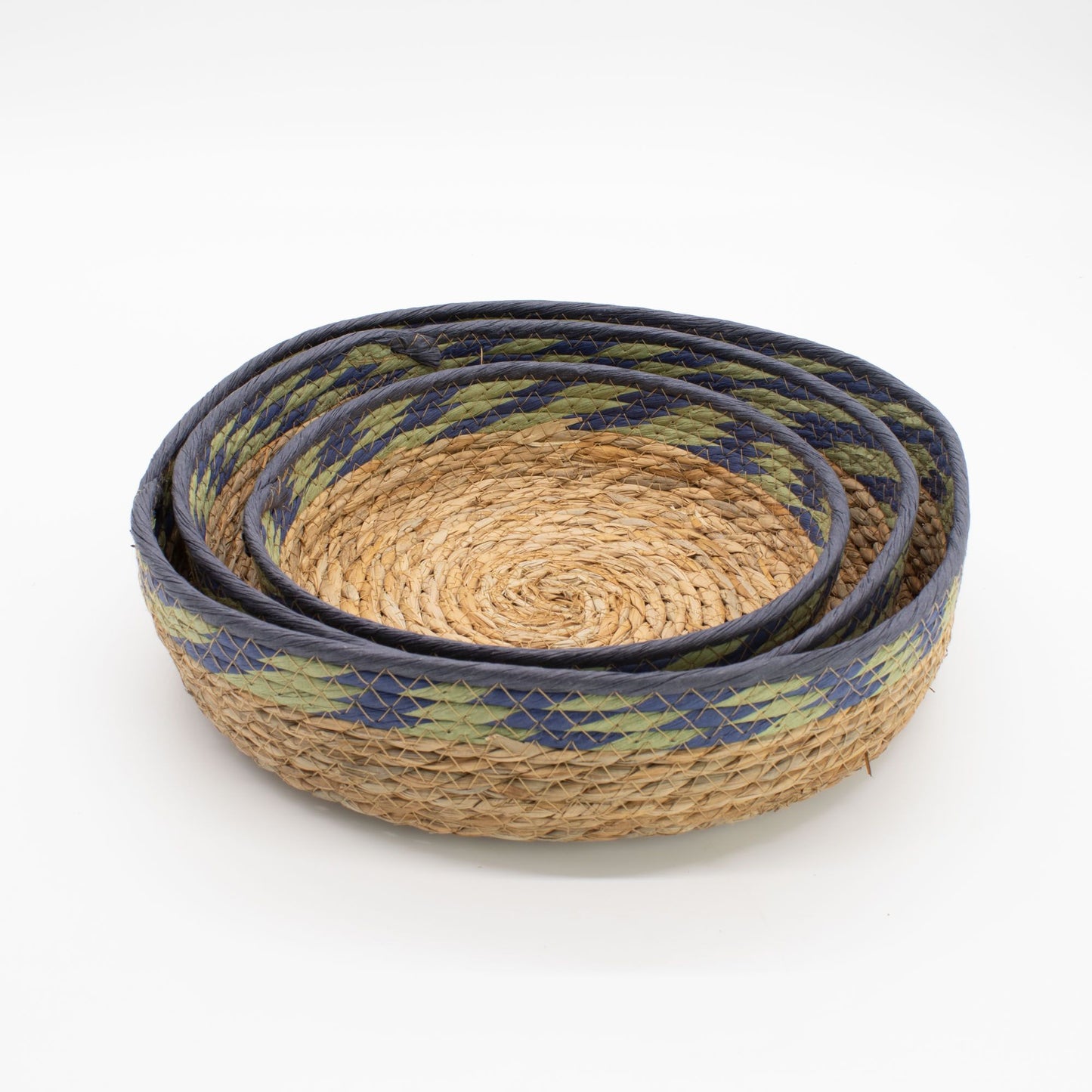Straw & Seagrass Tray Baskets - Natural Green & Blue- Set of 3