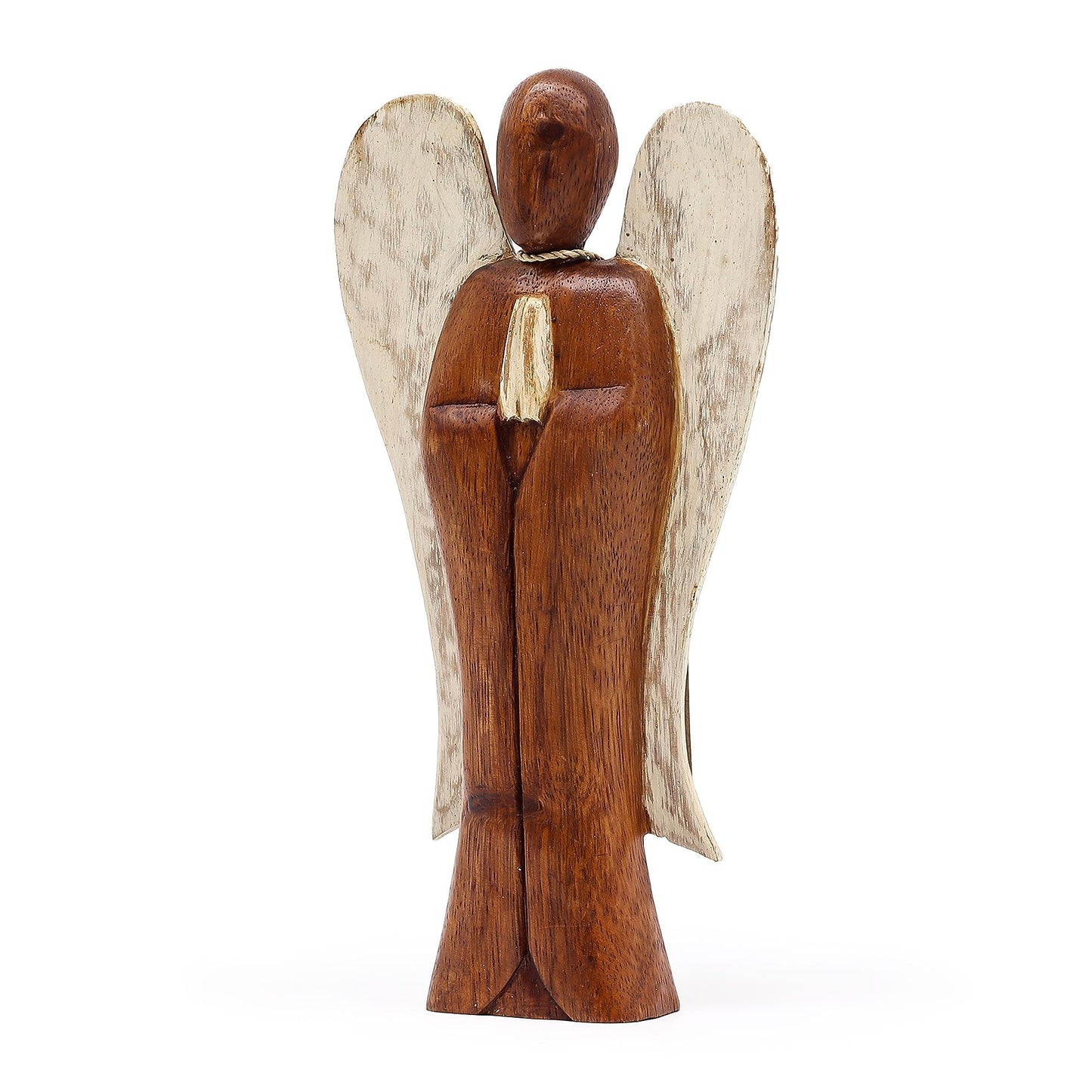 Wooden angel figurine with white wings on a white background