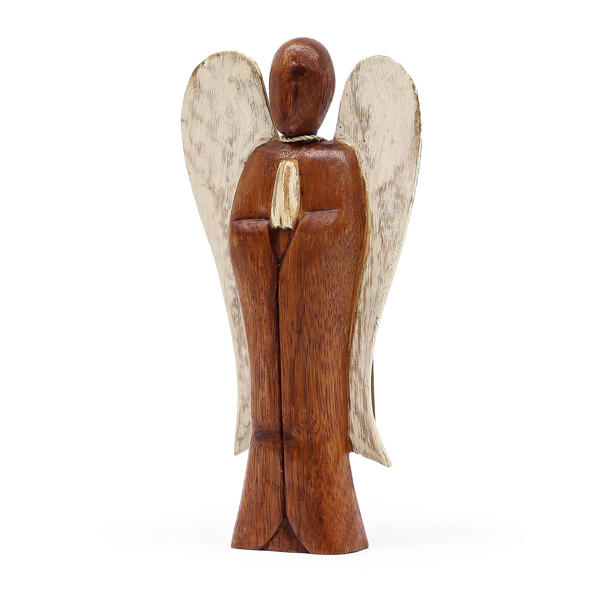Wooden angel figurine with white wings on a white background