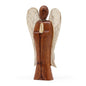 Wooden angel figurine with white wings on a white background