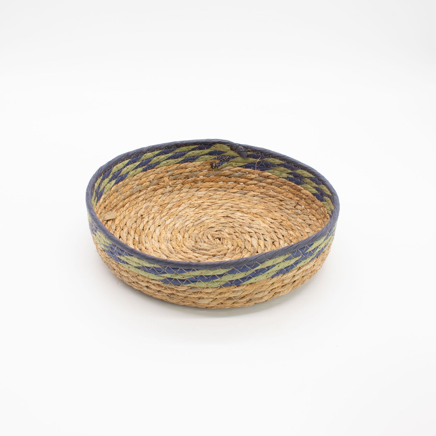 Straw & Seagrass Tray Baskets - Natural Green & Blue- Set of 3