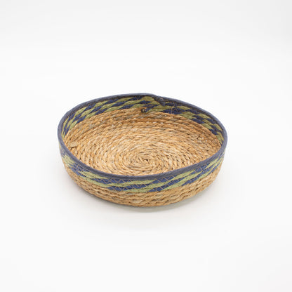Straw & Seagrass Tray Baskets - Natural Green & Blue- Set of 3