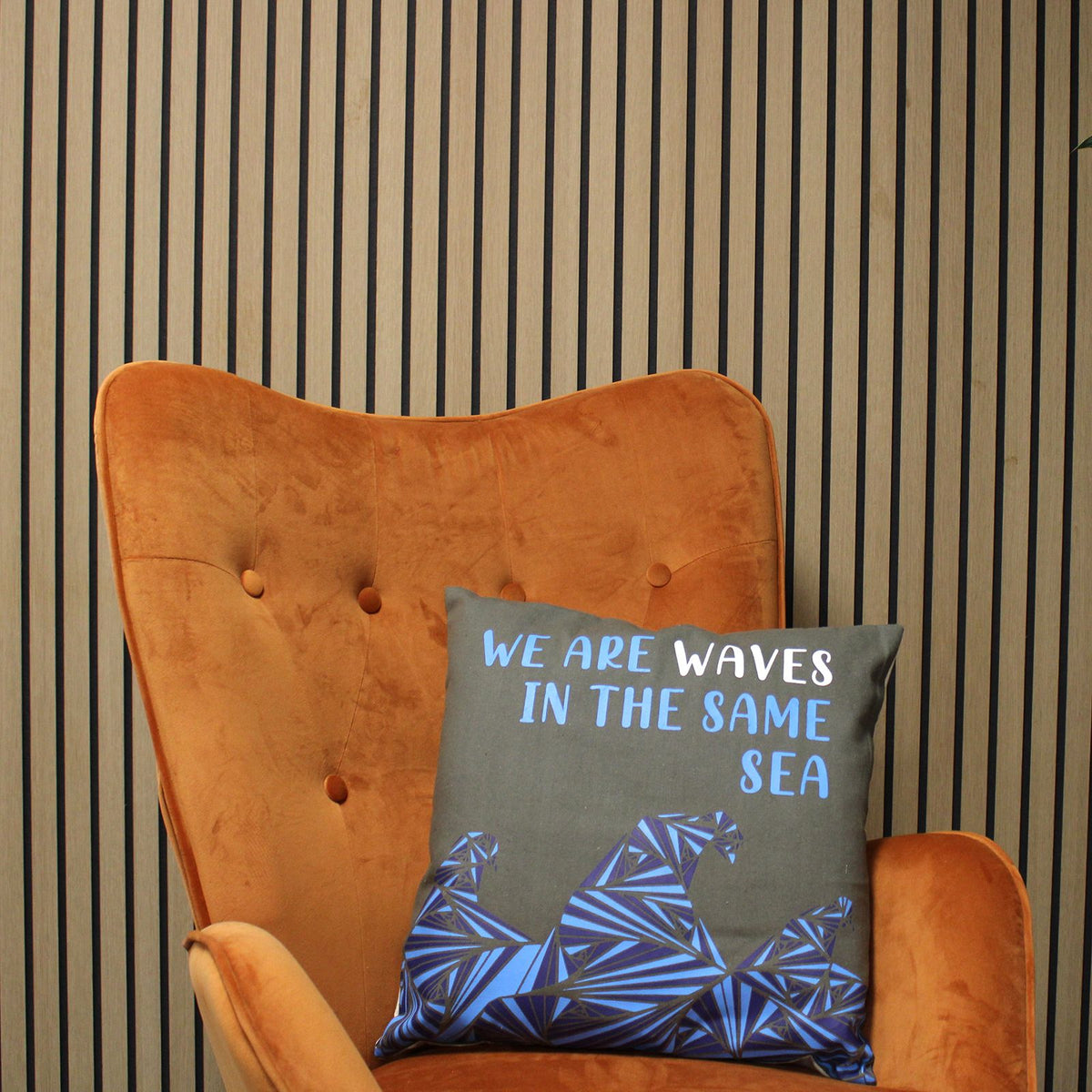 Printed Cotton Cushion Cover Set - We are Waves - Grey, Blue and Natural