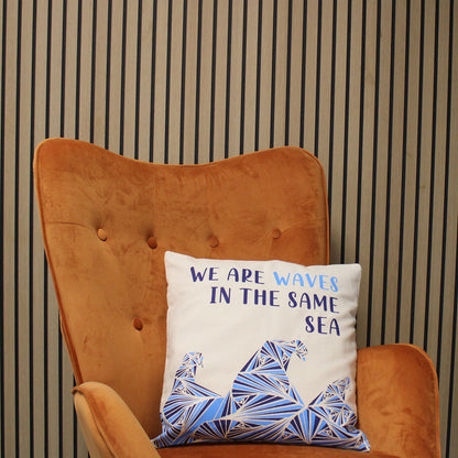 Printed Cotton Cushion Cover Set - We are Waves - Grey, Blue and Natural