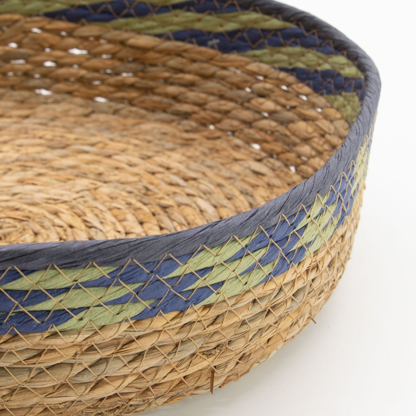 Straw & Seagrass Tray Baskets - Natural Green & Blue- Set of 3