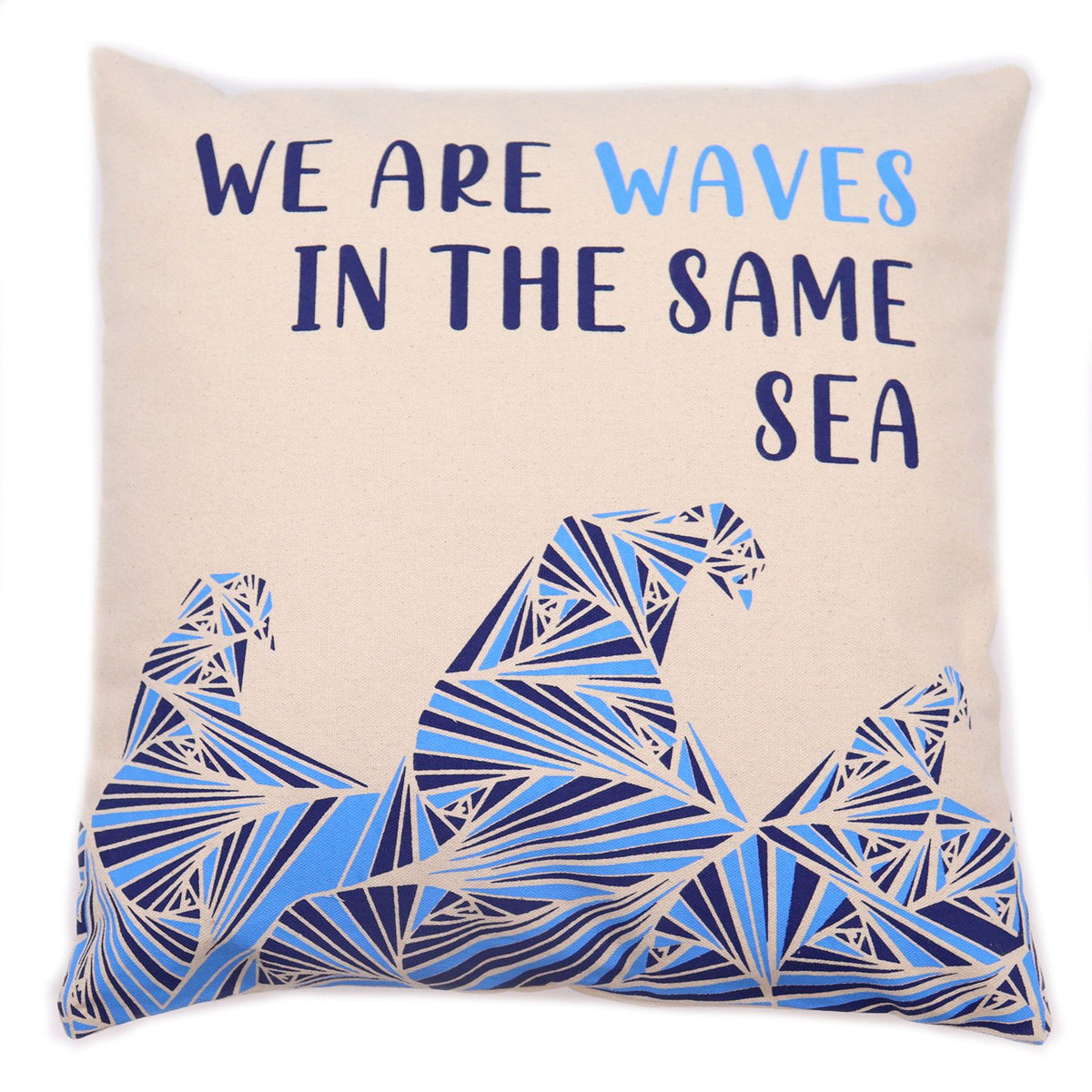 Printed Cotton Cushion Cover Set - We are Waves - Grey, Blue and Natural