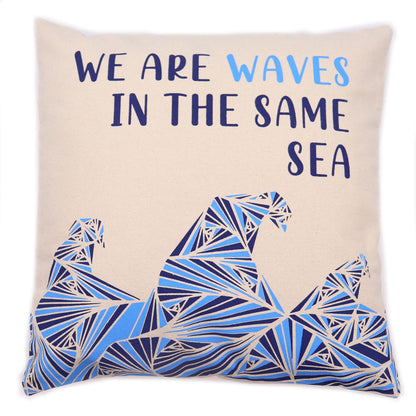 Printed Cotton Cushion Cover Set - We are Waves - Grey, Blue and Natural