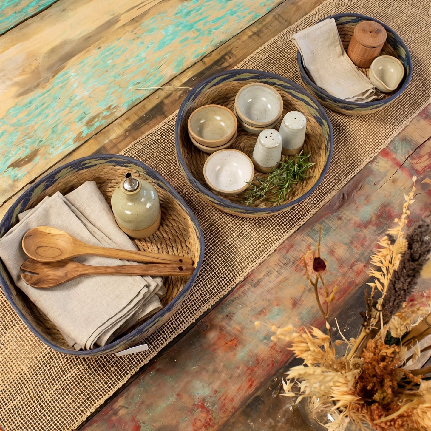 Straw & Seagrass Tray Baskets - Natural Green & Blue- Set of 3