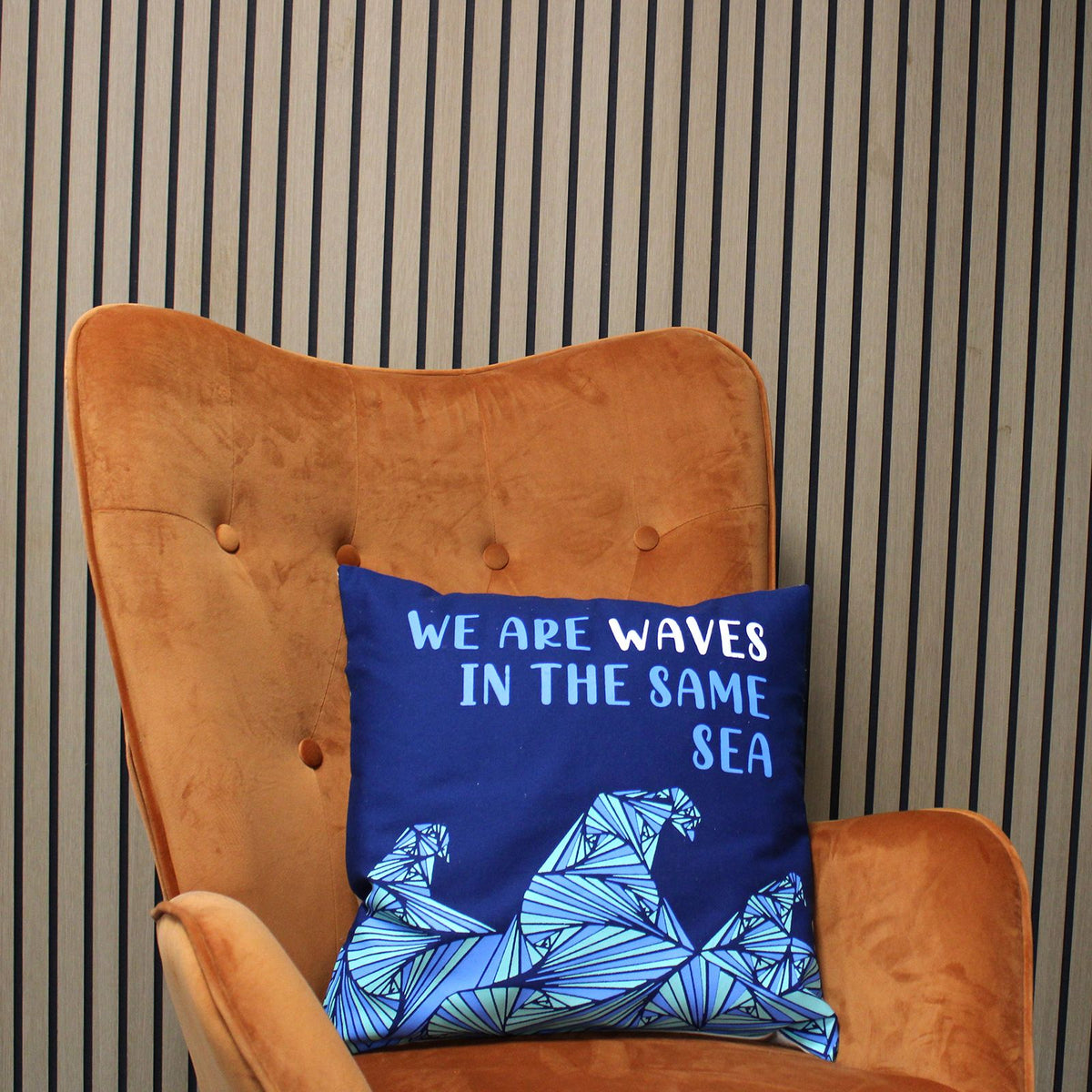 Printed Cotton Cushion Cover Set - We are Waves - Grey, Blue and Natural