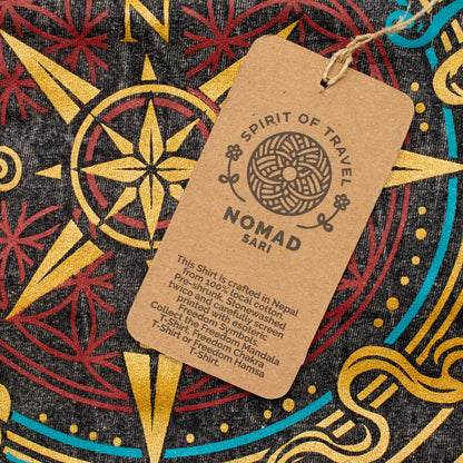Nomad Sari Stonewashed Cotton T-Shirt - Compass of Life - Charcoal - Small