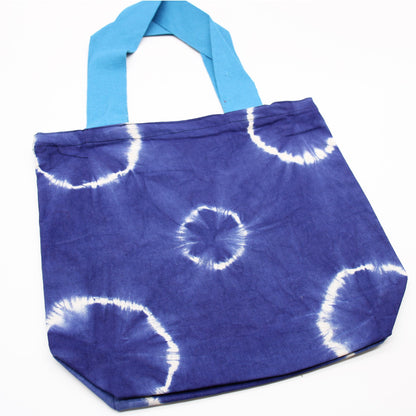Natural Tie-Dye Cotton Bag (8oz) - 38x42x12cm - Blue Rings - Blue Handle