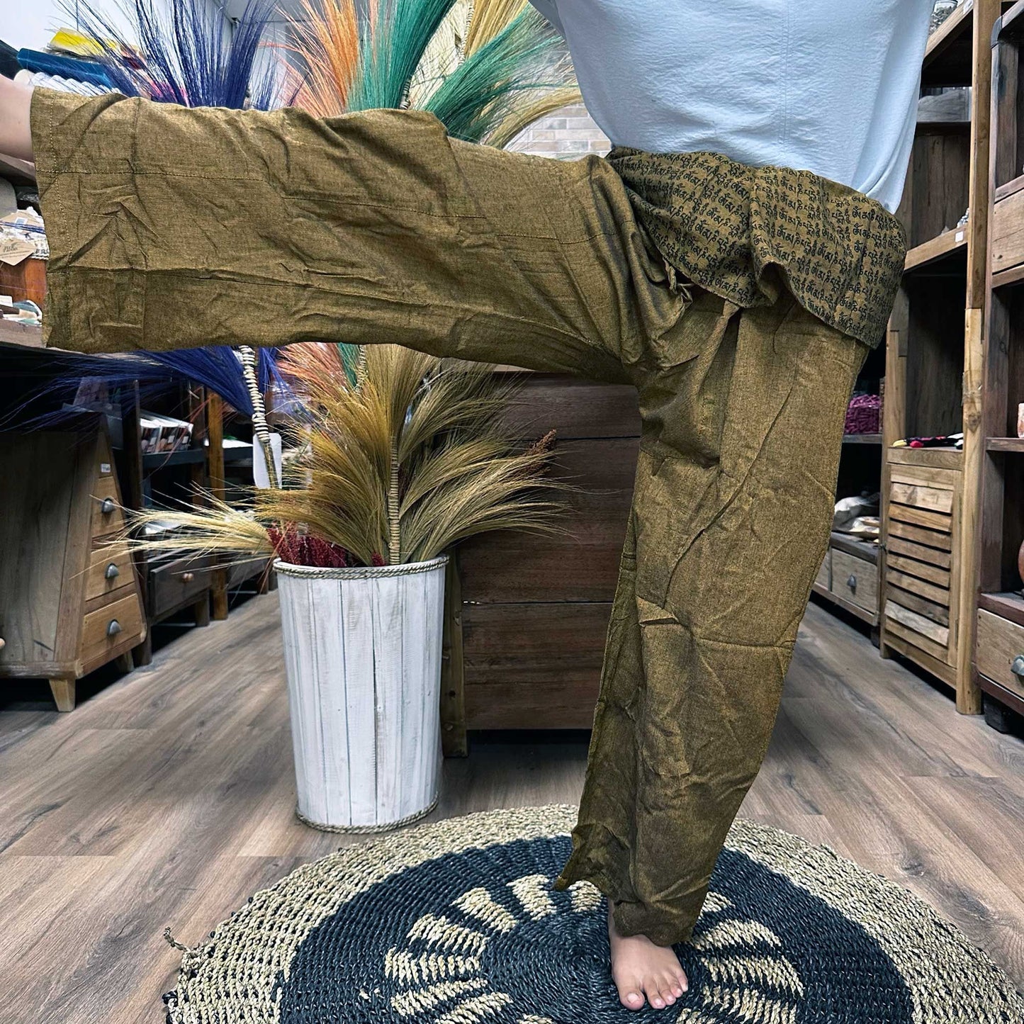 Yoga and Festival Pants - Thai Fisherman  Mandala Mantra on Green/Khaki