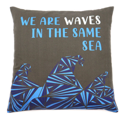 Printed Cotton Cushion Cover Set - We are Waves - Grey, Blue and Natural