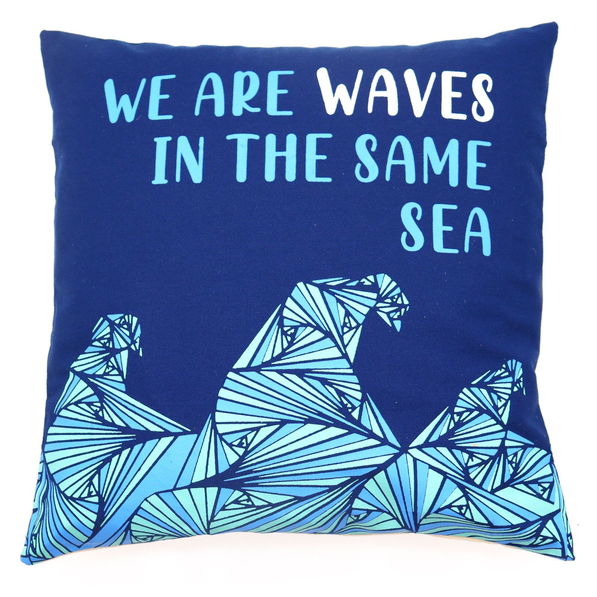 Printed Cotton Cushion Cover Set - We are Waves - Grey, Blue and Natural