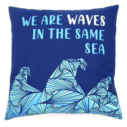 Printed Cotton Cushion Cover Set - We are Waves - Grey, Blue and Natural
