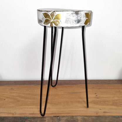 Albasia Wood Plant Stand - Whitewash & Gold Detail