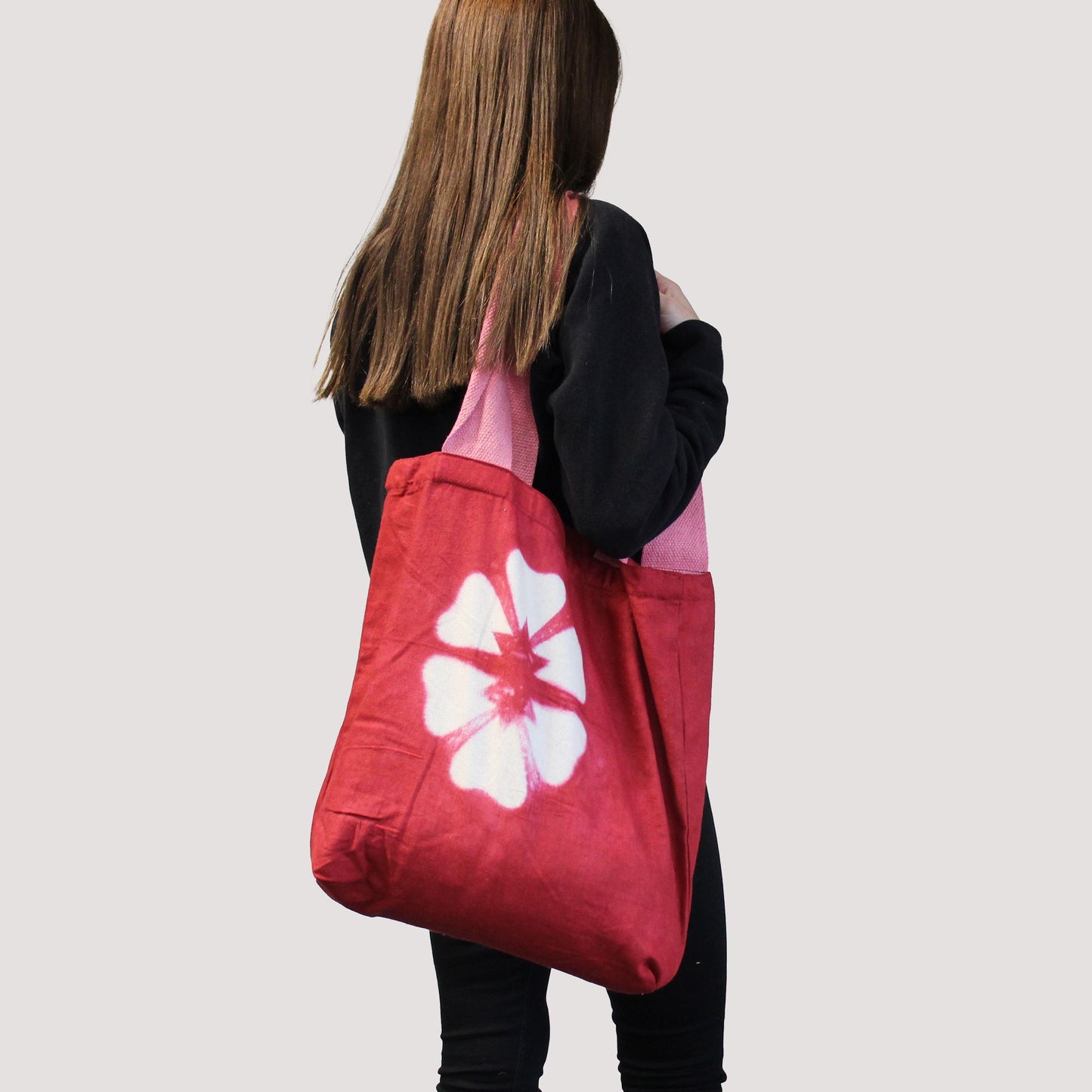Natural Tie-Dye Cotton Bag (8oz) - 38x42x12cm - Maroon Rings - Pink Handle