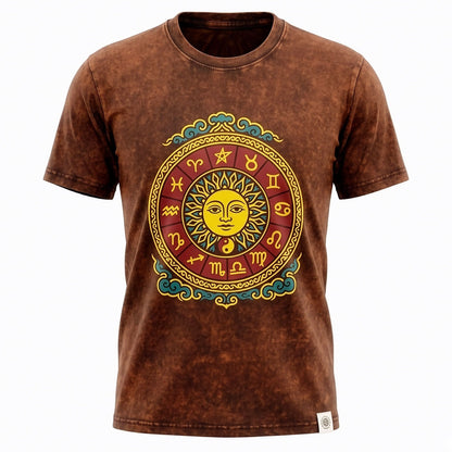 Nomad Sari Stonewashed Cotton T-Shirt - Sun & Zodiac - Brown - XL