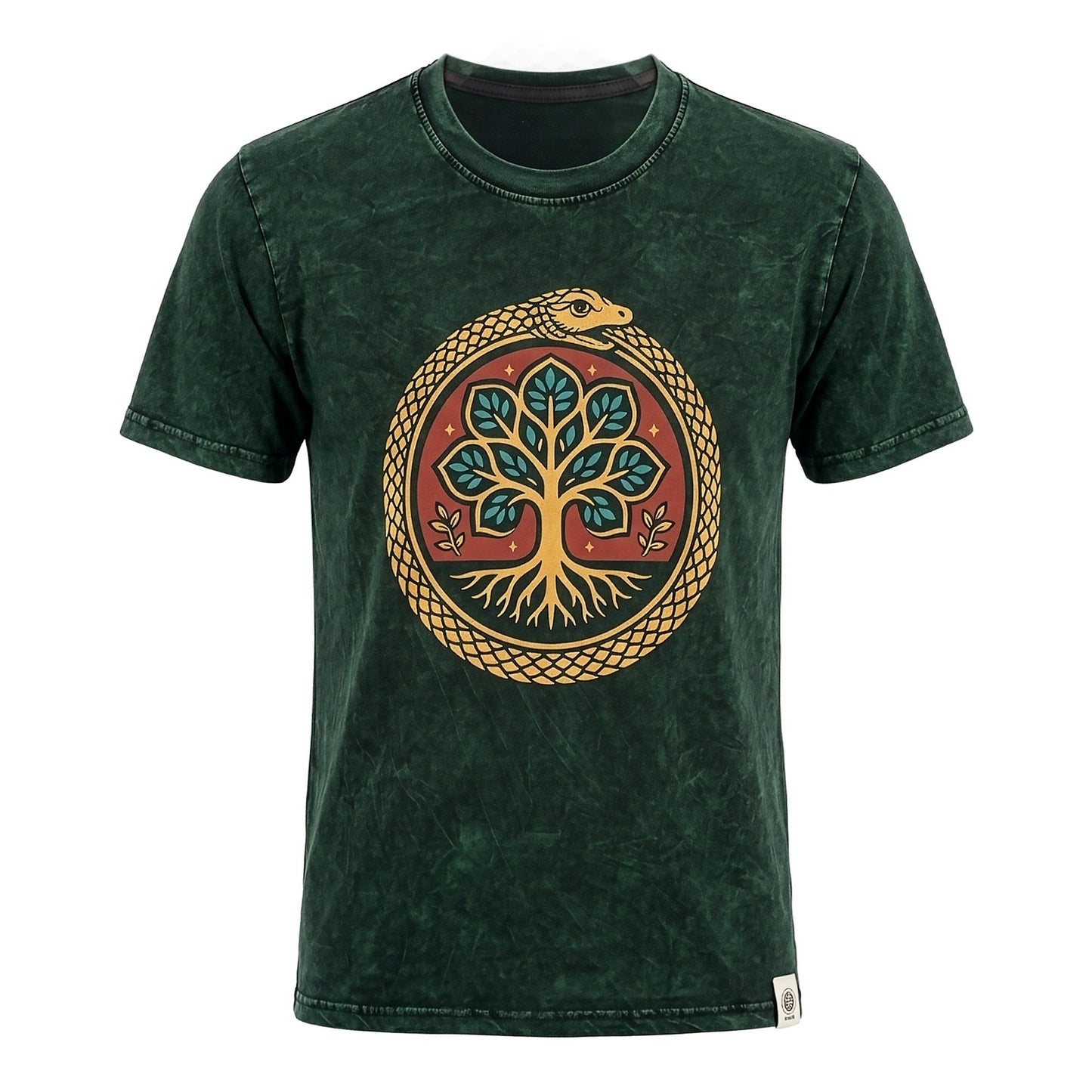 Nomad Sari Stonewashed Cotton T-Shirt - Tree of Life - Green - Medium
