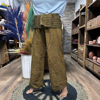 Yoga and Festival Pants - Thai Fisherman  Mandala Mantra on Green/Khaki