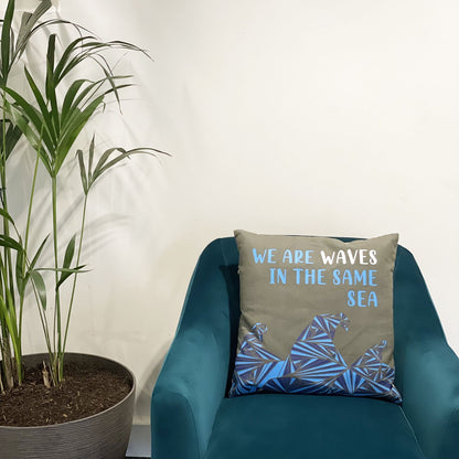 Printed Cotton Cushion Cover Set - We are Waves - Grey, Blue and Natural