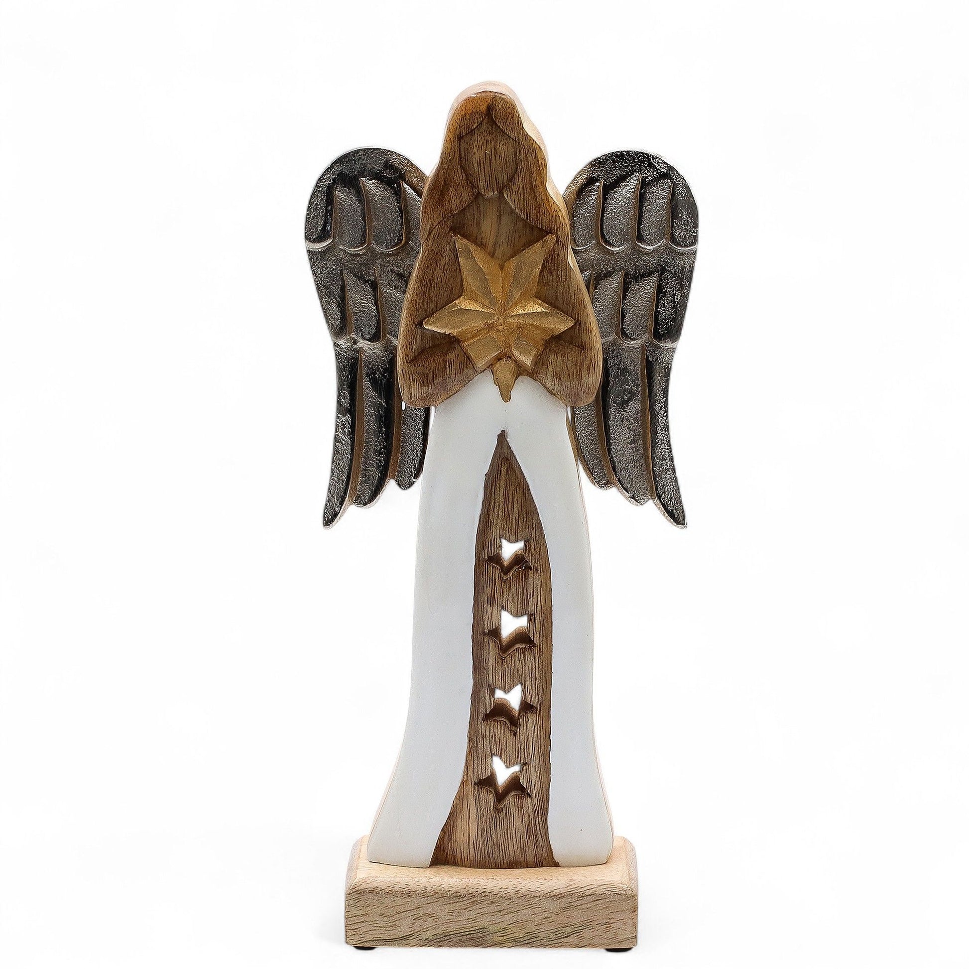 Wooden angel figurine with star on a white background