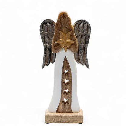 Wooden angel figurine with star on a white background