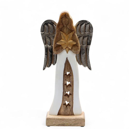 Wooden angel figurine with star on a white background