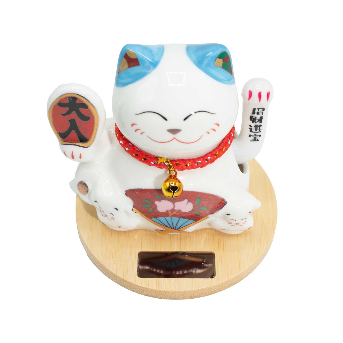 Solar Money Cat Wooden Base  - Blue moving Hand