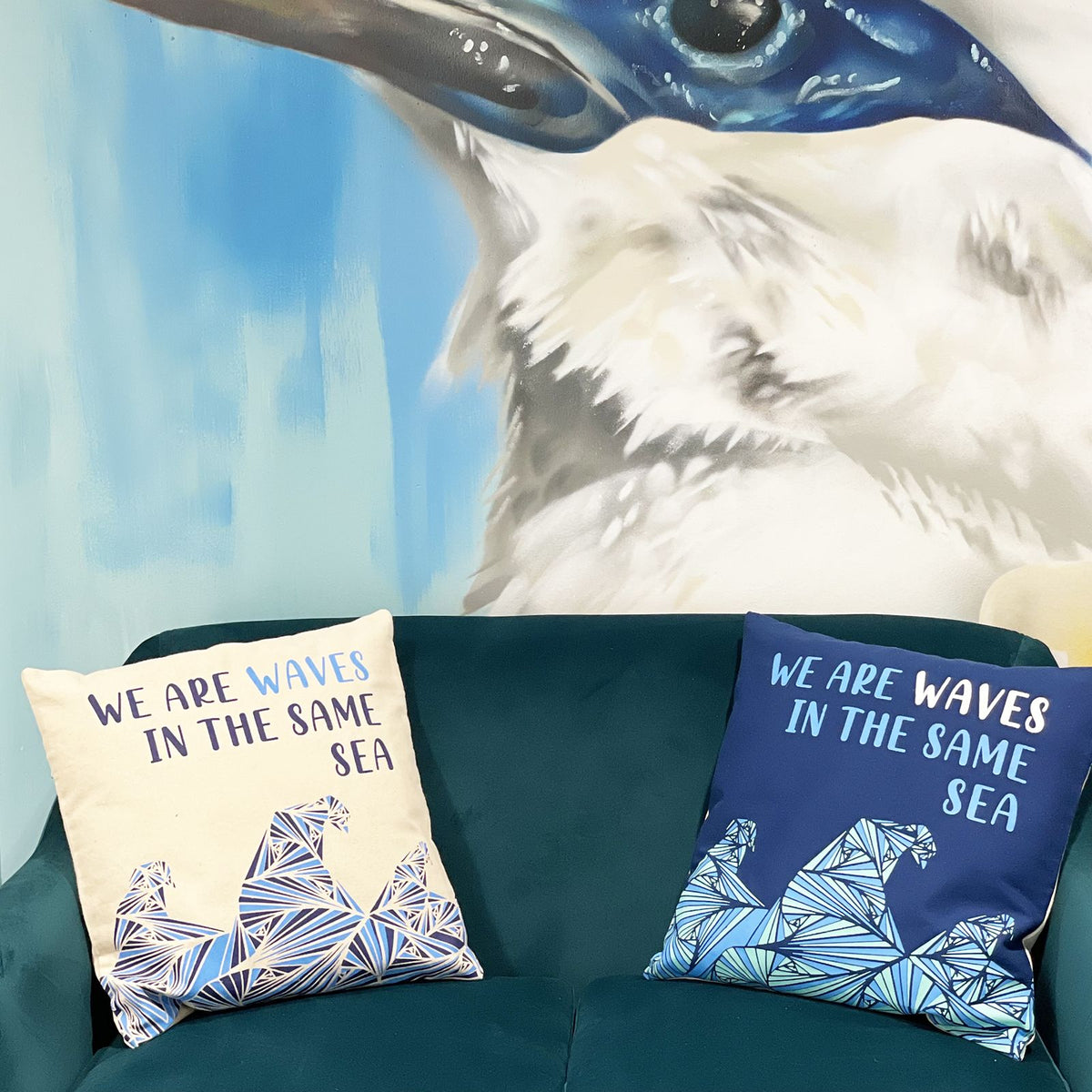Printed Cotton Cushion Cover Set - We are Waves - Grey, Blue and Natural