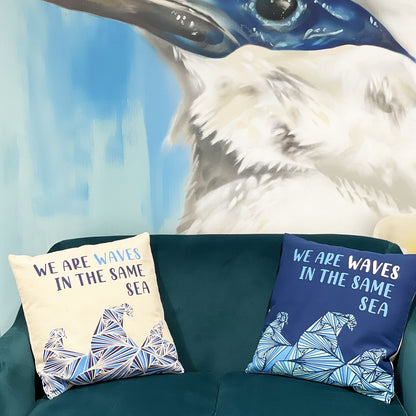 Printed Cotton Cushion Cover Set - We are Waves - Grey, Blue and Natural