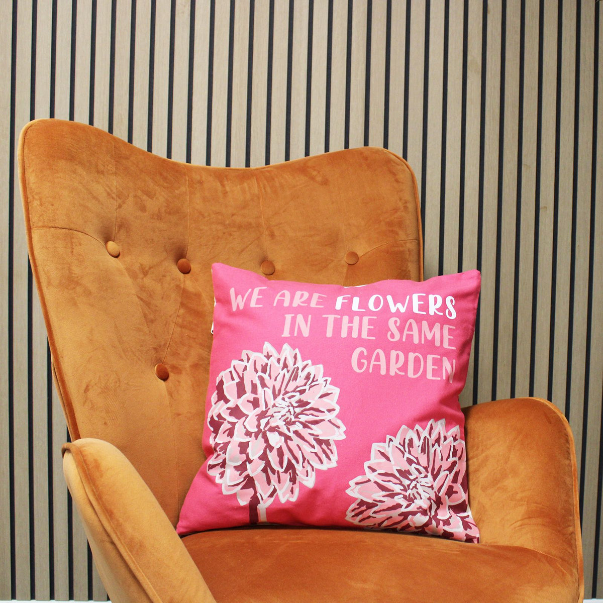 Printed Cotton Cushion Cover Set - We are Flowers - Olive, Pink and Natural