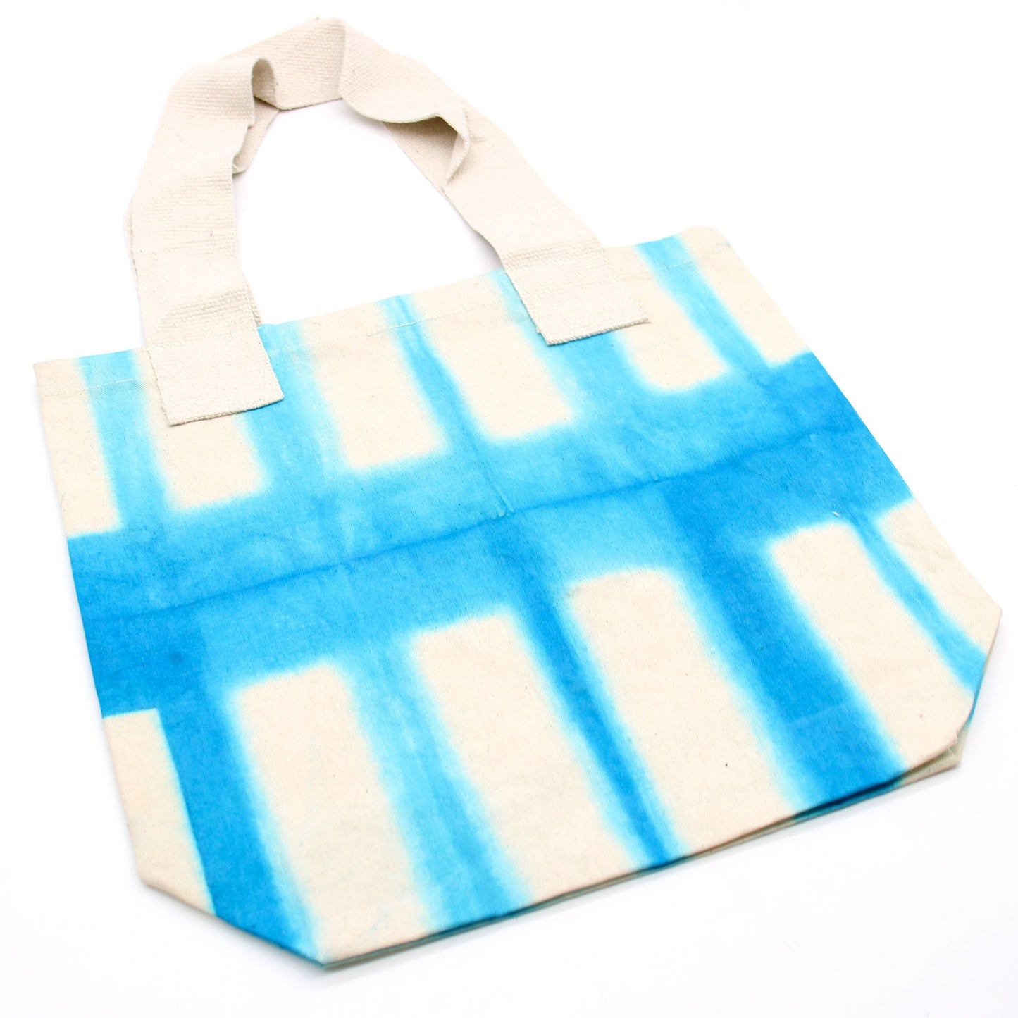 Natural Tie-Dye Cotton Bag (8oz) - 38x42x12cm - Sky Blue Blocks - Natural Handle