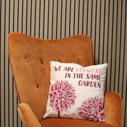 Printed Cotton Cushion Cover Set - We are Flowers - Olive, Pink and Natural