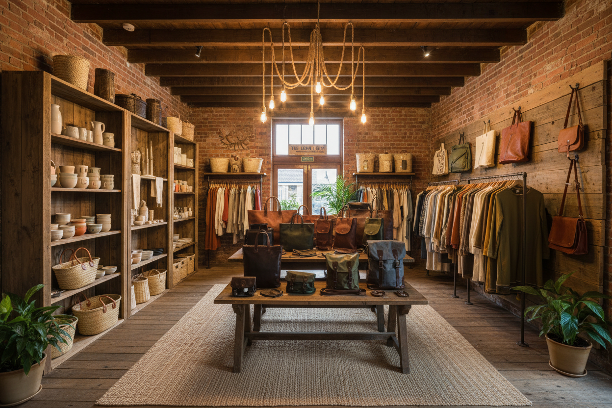 Interior of a rustic store with wooden shelves, clothing racks, and a coffee table.